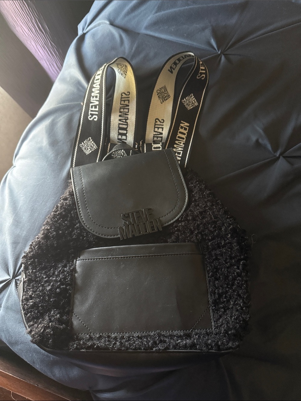 Steve Madden Black Sherpa & Leather Key/Card Holder Crossbody